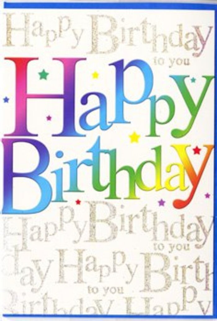 The birthday card in this image feels like a miniature celebration all on its own, the sort of piece you might find propped beside a bright arrangement on a Shooter's Hill kitchen table. Across the centre, the words Happy Birthday are set in large, open, and friendly letters that curve gently, almost as if they are smiling. Each letter is filled with a smooth wash of colour, flowing from deep berry tones through rich orange, sunny yellow, leaf green, teal, and indigo into velvety purple, creating a continuous rainbow effect. The transitions between colours are soft and painterly, without hard lines, suggesting the careful blending of shades the way a florist blends blooms in a celebratory bouquet. A faint internal shadowing gives the impression of a slight emboss, inviting the fingertips to trace the greeting. Behind this vivid headline, the entire card is overlaid with a fine pattern of golden script, repeating Happy Birthday to you in a looping cursive that feels personal and handwritten. The gold ink holds a gentle glitter, not overly shiny, but enough to catch the eye like the last glint of light over Oxleas Meadow in the early evening. Scattered here and there are small, colourful speckles and star-like dots, mimicking confetti drifting down after a toast. The composition balances lively colour with refined detail, making the card suitable for both younger recipients and those celebrating a special milestone. It's easy to imagine this design chosen alongside a hand-delivered bouquet for same-day birthday surprises across Shooter's Hill and the surrounding streets.
