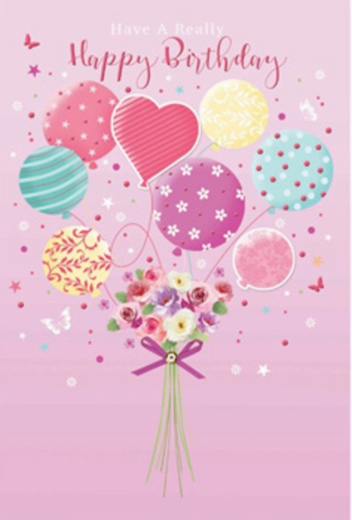 This birthday artwork captures the feeling of a light-hearted celebration in Shooter's Hill, as if a garden party had been lifted into the sky above the treetops of Oxleas Wood. The card is washed in soft pink, creating a tranquil backdrop where a bouquet of pastel balloons takes centre stage. They hover in a gentle cluster, each balloon perfectly rounded and slightly translucent, filled with hues of pale sunshine yellow, rosy fuchsia, soft lavender, mint, and sea-green. Patterns play across their surfaces-spiralling ribbons, polka dots that seem to dance, delicate florals, and swirling motifs-giving every balloon its own personality. Anchored at the base is a hand-tied bouquet that appears freshly arranged by a careful florist's hands, its flowers echoing the colours above. Petite roses, daisy-like blooms, and anemone-style blossoms open in layers of cream, blush, and mauve, their velvet petals shaded as if touched by the first light of morning. The stems gather neatly and are secured with a rich purple bow, the satin catching the same soft glow that highlights the balloons. Scattered around the arrangement, tiny butterflies and star-shaped accents hover lightly, as though pausing mid-flight in a moment of joy. You can imagine the soft, sweet scent rising from the flowers, mingling with the quiet excitement of a birthday morning in a Shooter's Hill home. This illustration radiates gentle jubilation and thoughtful detail, the kind of card that whispers happiness and makes the recipient feel truly cherished, reflecting the careful artistry and warmth of a local florist who knows how to turn flowers into emotion.