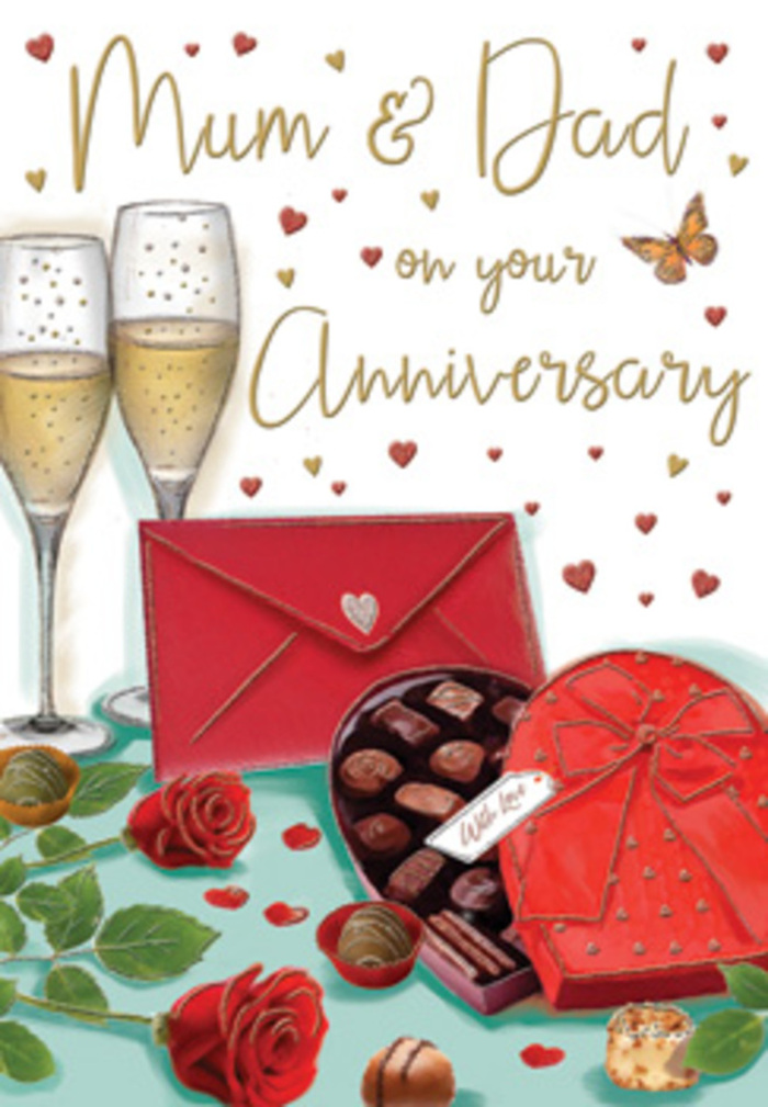 Detailed anniversary card illustration steeped in ruby reds and gleaming gold tones, evoking the intimate feel of a family celebration somewhere off Shooters Hill Road. In the foreground, a pair of elegant champagne flutes rises from the tabletop, their long, slender stems and gently curved bowls rendered with fine reflections. Each glass is filled with pale golden champagne, tiny bubbles clustered at the base and then streaming upward, capturing the sense of a toast about to be made between two people who know each other's stories by heart. Beside them sits a heart-shaped box of chocolates, its exterior a strong, romantic red with slight shading at the edges to suggest a smooth, satin-like finish. The lid, tipped open, reveals neatly arranged chocolates of different shapes, their surfaces highlighted to appear glossy and rich. A full, looping red bow lies across the box, tied with the kind of confident flourish a thoughtful partner might choose after stopping at a local Shooter's Hill florist. Just in front, a bright scarlet envelope rests slightly askew, closed but inviting, hinting at handwritten wishes for Mum & Dad or a beloved couple living near Oxleas Woods. Off to one side, two sumptuous red roses with densely packed petals seem to spill onto the table, supported by sprigs of deep green foliage that bring a natural softness to the otherwise polished scene. All around, tiny gold and crimson hearts scatter across the card's background, some bold, some faint, creating a dreamy frame of affection. The entire composition glows with that familiar anniversary mood: private smiles, shared memories, and the quiet promise of many more evenings like this in a cherished Shooter's Hill home.