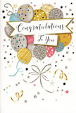 A beautifully composed congratulations card is displayed as if ready to be tucked beside a bouquet for delivery around Shooter's Hill. In the centre, an airy bouquet of illustrated balloons floats upward, forming a loose, joyful cluster that almost seems to sway. The balloons appear in a delicate palette of soft gold, cool silver, warm champagne, sky blue, blush pink, and gentle grey, each one adorned with glittering stars, fine lines, or scattered speckles that catch the eye like distant fireworks over the hill at dusk. Their ribbons stream downward in spiralling gold and silver strokes, entwining near the base into a decorative, stylised bow that visually anchors the design. The background is a calm, creamy white, softly dusted with tiny metallic stars, coiled ribbons, and drifting confetti shapes, evoking the happy chaos of a celebration just beginning. A graceful banner stretches horizontally across the middle of the card, carrying the words Congratulations To You in elegant calligraphy that feels sincere and heartfelt, as if handwritten by someone who truly shares in the recipient's pride. The metallic inks and glittered sections appear subtly raised, suggesting a textured surface that would feel special under your fingertips while reading the message inside. This image conveys a sense of lightness, sparkle, and genuine admiration, perfectly suited for honouring exam successes at nearby schools, job promotions, new ventures, or any hard-earned achievement. It feels like the paper equivalent of a festive balloon and flower display, crafted with the same care a local florist brings to every celebration across Shooter's Hill and the neighbouring areas.