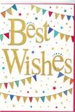A festive, uplifting congratulations card is shown against a clean white backdrop, with the words Best Wishes taking pride of place in gleaming gold script at the centre. The lettering has a polished, metallic finish that seems to shimmer with every imagined movement of light, giving the phrase a sense of importance and sincerity, like a warm handshake from a friend in Shooter's Hill. Encircling this golden message, graceful curves of colourful bunting stretch across the top and bottom of the design, as if strung between lampposts on a cheerful local street. Each tiny triangular flag is rendered in vivid shades-deep blues, bright reds, cheerful yellows, lively greens, and soft pinks-some carrying petite polka dots or stripes, others left in bold solid colour, creating a lively patchwork effect reminiscent of village-fair decorations near Severndroog Castle. Between these garlands, clusters of small stars and round confetti dots are scattered across the white space. They appear to float in mid-air, adding a light, celebratory energy that evokes the moment just after a toast has been made, when laughter and good wishes fill the air. The design is joyful but not overwhelming, with the spacious white background ensuring the eye is naturally drawn to the gold sentiment. It feels ideal for marking milestones like exam success, first homes, or job promotions for someone living on or around Shooter's Hill. The card visually expresses encouragement, optimism, and shared happiness, the sort of design a local florist might choose to accompany a bright congratulatory bouquet delivered to homes overlooking the London skyline.