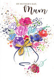 On this Mother's Day card, a vibrant, painterly bouquet unfurls across the page, conveyed in sweeping watercolour strokes and glinting gold details that would feel at home in a boutique display along Shooter's Hill. At the centre, a loose cluster of flowers rises gracefully from a softly outlined vase, which is completed with an elegant gold bow, its slender lines suggesting carefully tied ribbon ready for gifting. The bouquet itself is a joyful mix of colour: lush purples, plum, and indigo tones sit beside playful pinks and bold cerise, with touches of warm apricot and soft blue drifting between them like smaller supporting flowers. Leaves and stems are implied with lively dashes of green and chartreuse, blending into the blooms in a way that mimics the natural softness of real petals and foliage. Fine gold tracery outlines parts of the petals and foliage, adding shimmer that recalls late afternoon sun catching the edges of a fresh arrangement in a local florist's window. Surrounding the main bouquet, scattered flecks of colour and tiny heart motifs dance outward, creating a sense of festive motion, as if petals have been gently tossed in the air to celebrate all that mothers do. The background is a clean, luminous white, allowing every tone to glow and giving the composition an airy, uplifting feel. Overall, the artwork conveys warmth, love, and appreciation, much like a hand-tied bouquet delivered across SE18 on Mother's Day, turning this simple card into a tender visual embrace for a cherished mum.