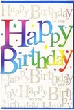 This image shows a joyful birthday card whose front design bursts with colour and a sense of occasion, much like a festive gathering in Shooter's Hill on a bright afternoon. The central focus is the phrase Happy Birthday, written in large, playful block letters that stretch confidently across the card. Each letter is painted in a different part of the rainbow, with colours gently blending from intense red and fuchsia, through warm orange and lemon yellow, into fresh green, aqua, deep blue, and regal purple. The effect feels smooth and fluid, as though the colours have been brushed on in soft gradients rather than filled in solidly, giving the greeting a lively, almost glowing appearance. A touch of shading near the edges of the letters provides depth, making them appear slightly raised from the smooth card surface. Behind this bold wording, the background is filled with repeated lines of the phrase Happy Birthday to you in a delicate, looping golden script. The metallic ink shimmers subtly when the light hits it, adding a gentle sparkle reminiscent of evening lights glinting over the rooftops near Oxleas Wood. Tiny stars and flecks of colour are dotted across the design, like miniature pieces of confetti caught mid-air. The overall mood is upbeat and celebratory, yet with a touch of elegance that would appeal to adults as well as children. It's the kind of card a local florist might pair with a vibrant bouquet for birthday deliveries around Shooter's Hill, turning a simple message into a moment worth remembering.
