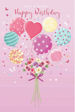 A whimsical birthday scene is illustrated as if a little celebration were floating above the leafy slopes of Shooter's Hill, rendered on a blush-pink card that feels both playful and refined. At the top, a lively cluster of pastel balloons drifts upward, their glossy surfaces catching an imagined glint of light, like reflections from nearby rooftops after a rain shower. Each balloon has its own character: some are wrapped in candy-coloured stripes, others bloom with cheerful polka dots, and one central heart-shaped balloon radiates warmth and affection. Their colours-soft pinks, creamy yellows, sea-greens, teals, and lavender-blend into a harmonious palette that suggests an airy spring morning. Beneath them, acting almost like a tether, sits a lush little bouquet. Delicate roses and anemone-like blossoms in ivory, blush, peach, and muted mauve gather closely, their petals feathery and full, arranged with the kind of care you'd expect from a neighbourhood florist preparing a special birthday surprise. The stems are snugly tied with a violet satin bow, its texture smooth and slightly shimmering. Around the bouquet, tiny stars and butterflies dance and flutter, as if caught in the same breeze lifting the balloons skyward. You can almost sense the soft, sweet fragrance of fresh-cut blooms, cool from the bucket and delivered just in time for a celebration somewhere off Shooters Hill Road. The overall impression is light, joyful, and a little bit magical-a charming, fairy-tale inspired birthday card that turns a simple message into a bright and unforgettable gesture.