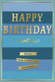 This beautifully crafted birthday card blends calming blue tones with luminous gold highlights, evoking the unhurried charm of a relaxed birthday morning in Shooter's Hill. The front design is dominated by substantial horizontal stripes of blue, moving smoothly from deep midnight and ink-blue shades at the base to lighter, breezier sky and teal hues near the top. These stacked bands create a gentle ombre effect, like layers of distant hills fading into the horizon over Woolwich and the Thames. In the centre, the greeting HAPPY BIRTHDAY is embossed in striking gold capital letters, their metallic surface gleaming softly rather than glaring, suggesting celebration with an elegant touch. Directly below, an ornate golden flourish unfurls like a decorative scroll, adding a hint of vintage refinement that complements the contemporary stripes. Three slender gold banners are positioned neatly underneath this flourish, each ribbon bearing the message Relax, have a great day and enjoy! The gold foil of the banners and text stands slightly proud of the matte card surface, giving a tactile quality you can almost feel, as if the letters have been carefully pressed by hand. A slim gold border frames the entire card, creating a neat, picture-like finish. The interplay between the cool blues and warm metallic gold gives the piece a balanced, composed feeling-ideal for presenting with a bouquet delivered by Flowers Shooter's Hill. You can easily imagine this card on a dining table near Shooters Hill Road, catching the soft glow of afternoon light, quietly encouraging the birthday recipient to slow down and savour every gentle, happy moment of their day.