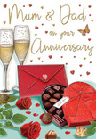 Anniversary card design that feels like a lovingly arranged still life, echoing the relaxed, homely celebrations often found around Shooter's Hill. The main focus is a pair of tall champagne flutes, positioned close together on a table as if leaning into one another. Their clear glass is drawn with reflections and highlights, and each is filled with softly sparkling golden champagne, tiny bubbles rising in fine lines that suggest a moment just before a toast. Nearby rests a heart-shaped box of chocolates in deep, romantic red, edged with gentle shading to convey a smooth, gift-ready finish. The lid is open enough to show an enticing selection of round and square chocolates, carefully nestled in rows, their tops slightly glossy as if freshly unwrapped. A generous red bow crowns the box, its loops and trailing ends drawn in sweeping curves that lend a sense of movement. At the front lies a vivid scarlet envelope, sealed and placed thoughtfully, hinting at heartfelt words written for an anniversary-perhaps exchanged by parents whose grown children now live across Shooter's Hill and Plumstead. To one side, two velvety red roses, full-headed and richly petalled, rest among dark green leaves, recalling the sort of fresh stems a florist at Flowers Shooter's Hill might choose for a special order. Scattered throughout the background are small gold and crimson hearts, some solid, some softly blurred around the edges, framing a hand-lettered message of love. The scene carries the quiet joy of a well-loved home: the imagined scent of roses, the sweetness of chocolate shared after dinner, and the comforting rhythm of another year celebrated together.